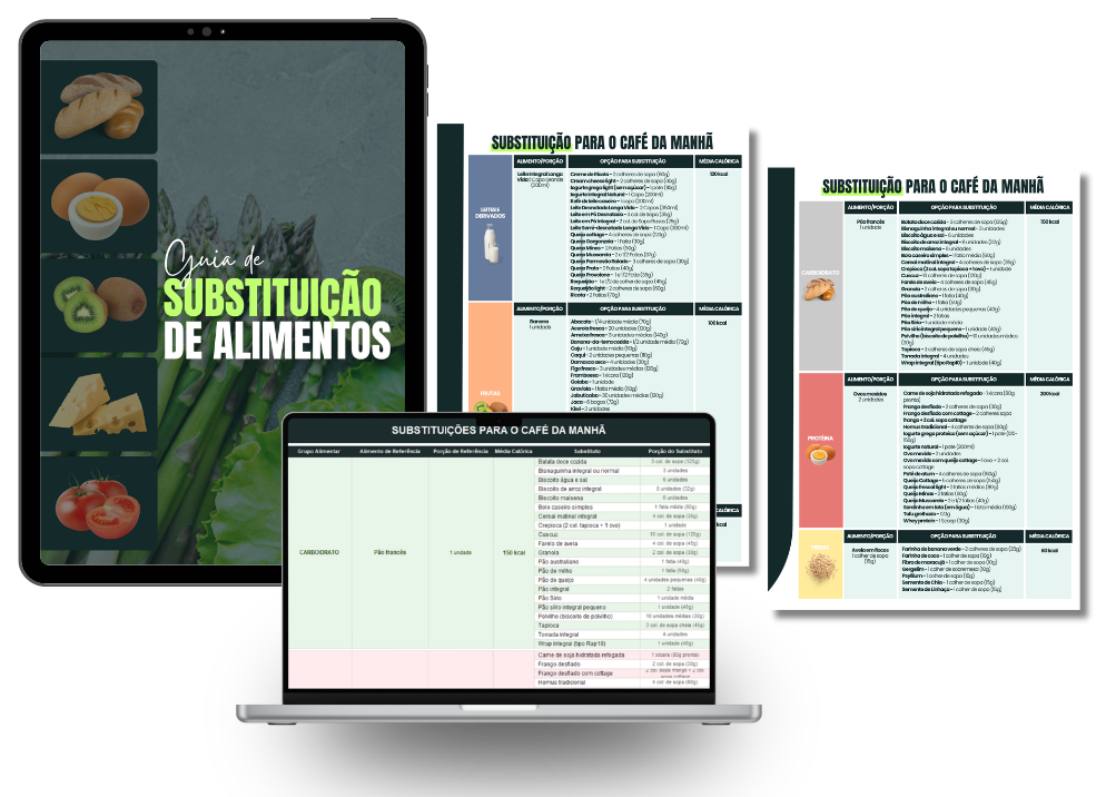 Guia de Substituição de Alimentos: capa no tablet, páginas em PDF e a planilha aberta no notebook